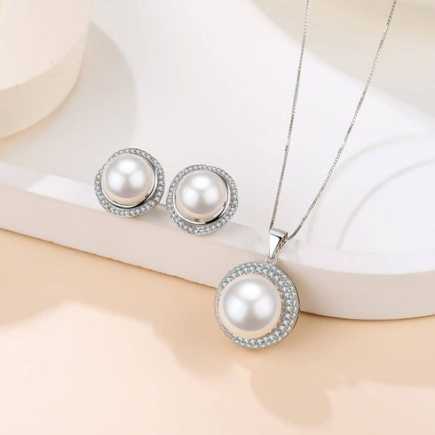 Classic White Freshwater Button Pearl Pendant Ear Stud Earrings Set - House Of Pearls